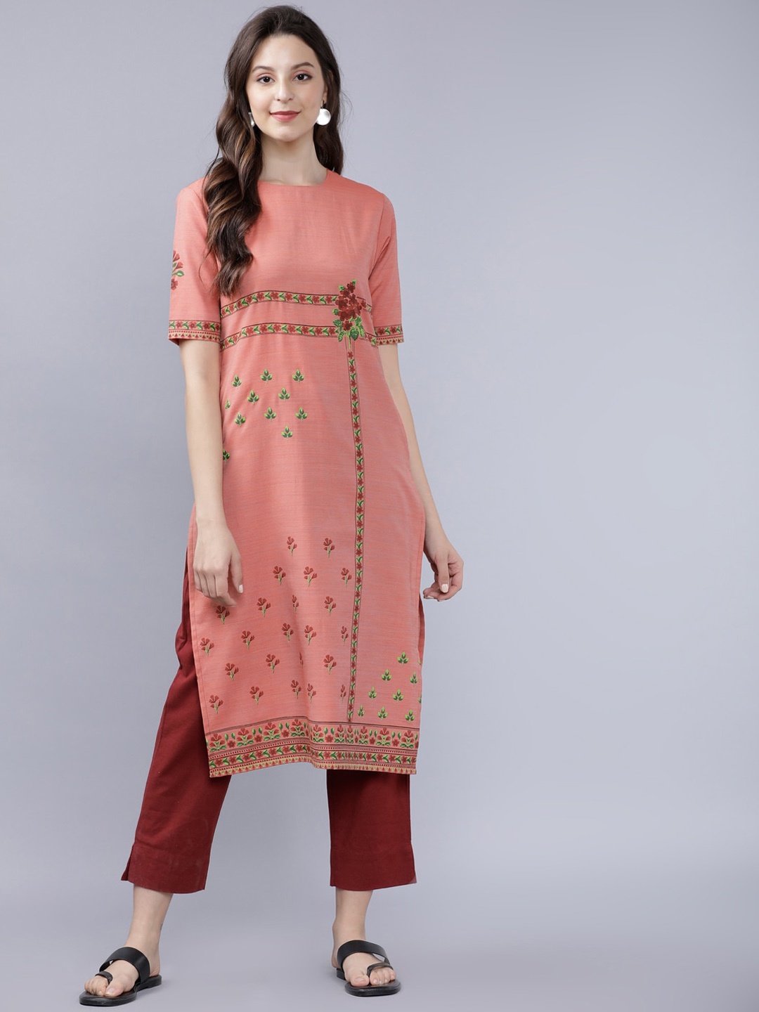 Vishudh Women Peach-Coloured & Green Printed Straight Kurta