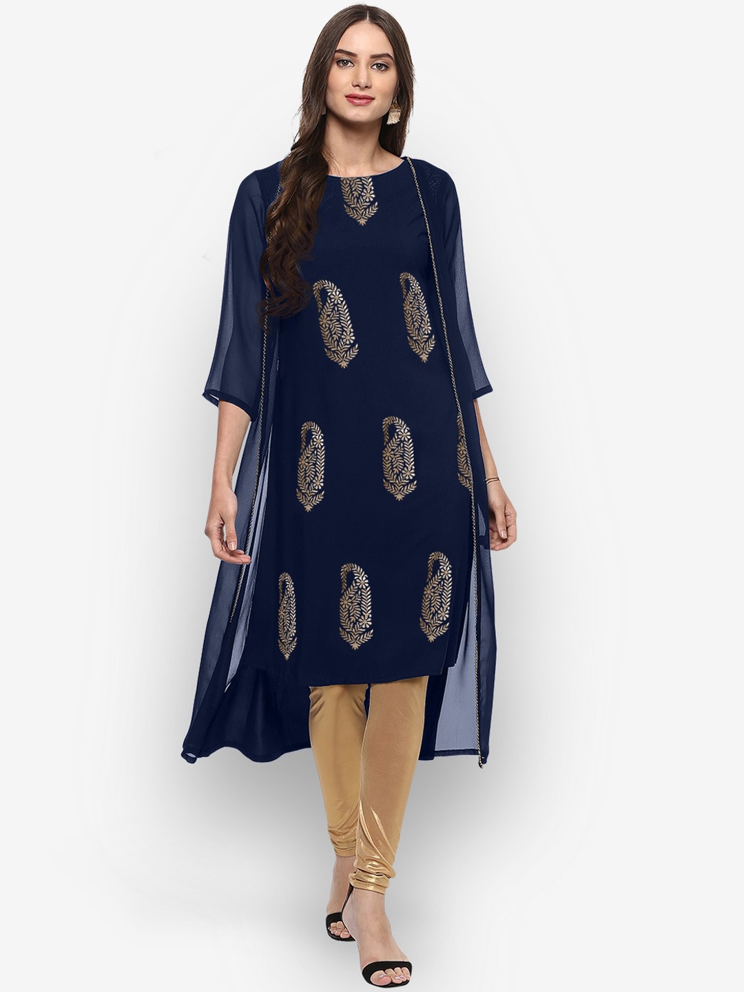 Janasya Women Navy Blue & Gold-Toned Printed Layered Straight Kurta