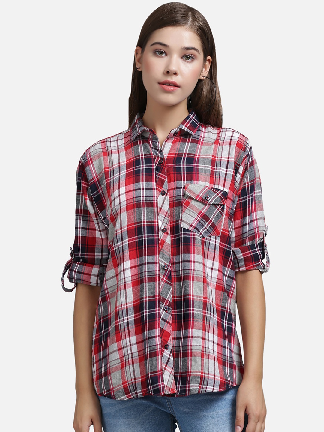 The Dry State Women Red & White Slim Fit Checked Casual Shirt