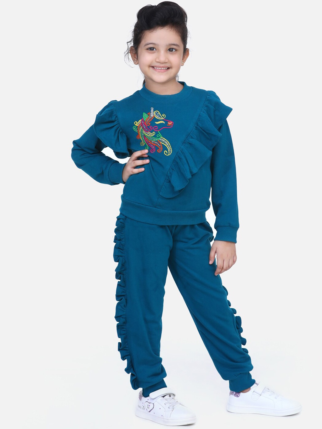 LilPicks Girls Teal Blue Printed Sweatshirt with Joggers