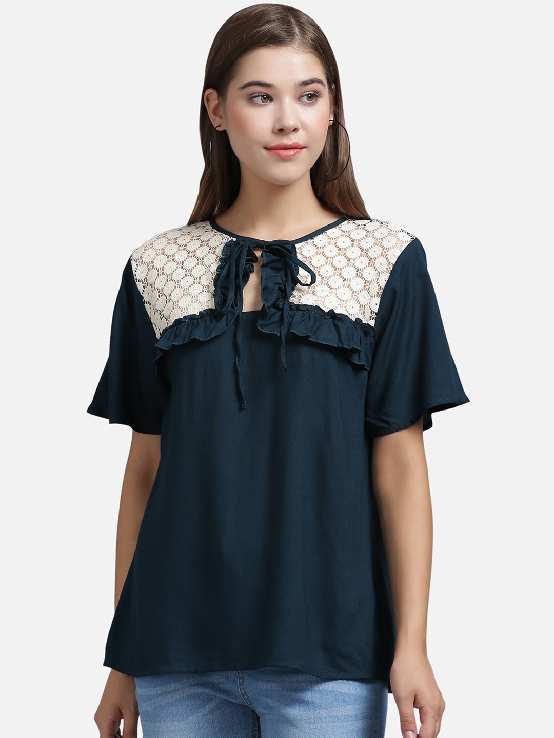The Dry State Women Green & White Colourblocked Top