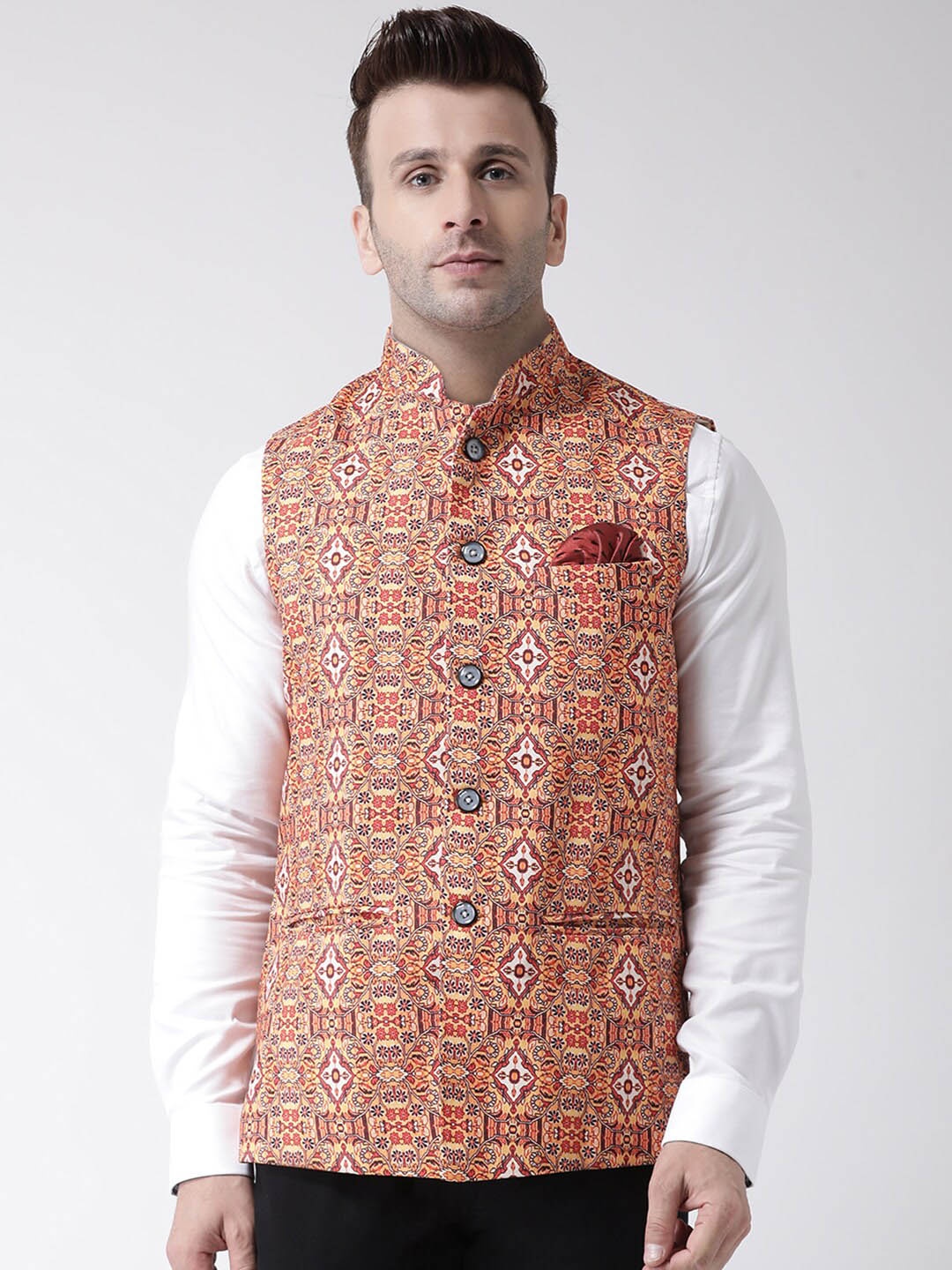 Hangup Men Orange & Red Printed UV Protected Nehru Jacket
