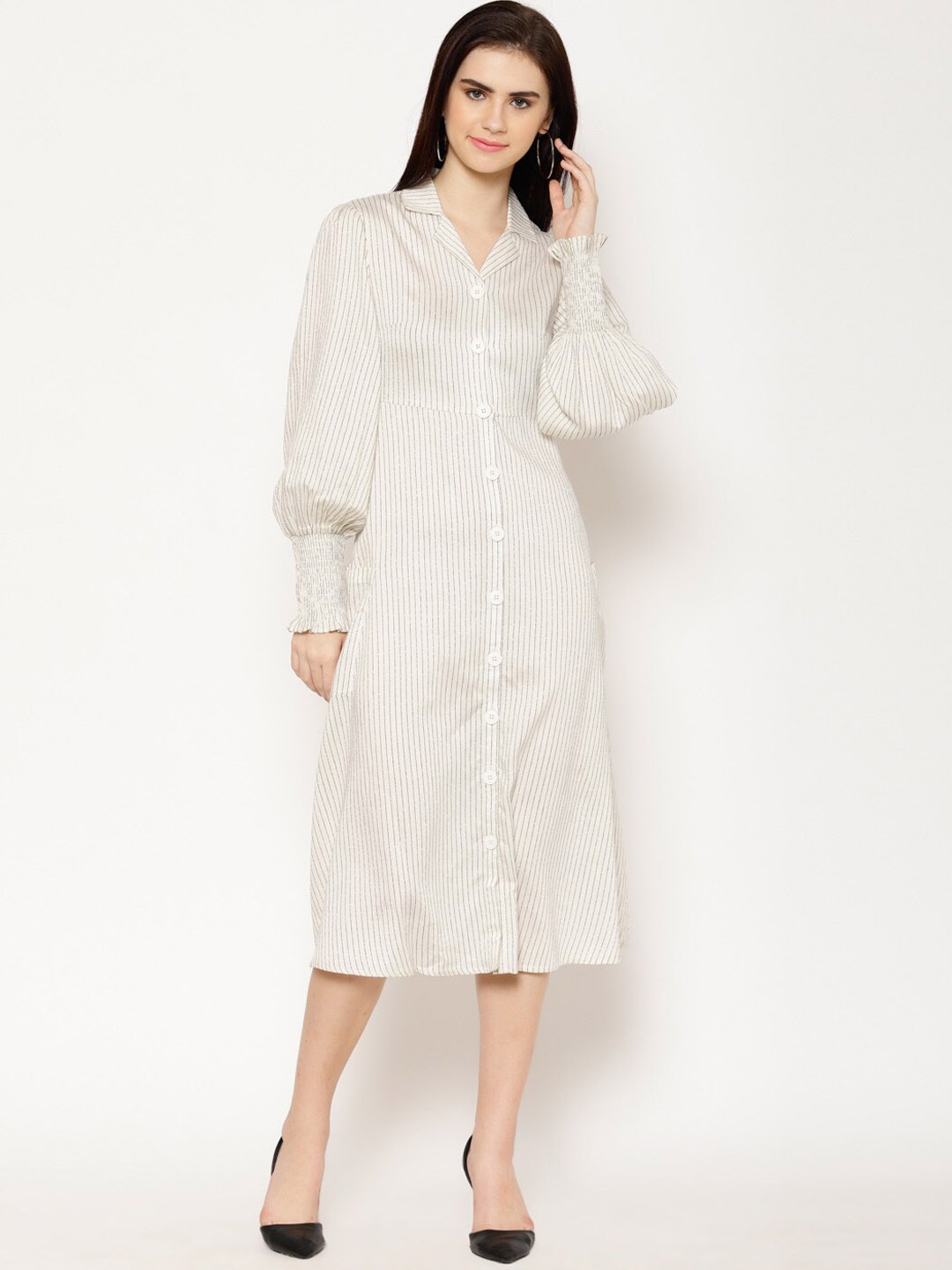 HOUSE OF KKARMA Women Off-White Striped Shirt Dress