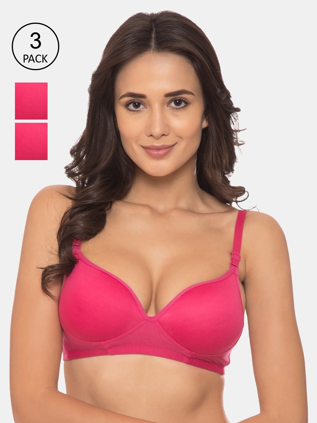 Souminie Pack of 3 Solid Non-Wired Heavily Padded Everyday Bras S-716-, Pink