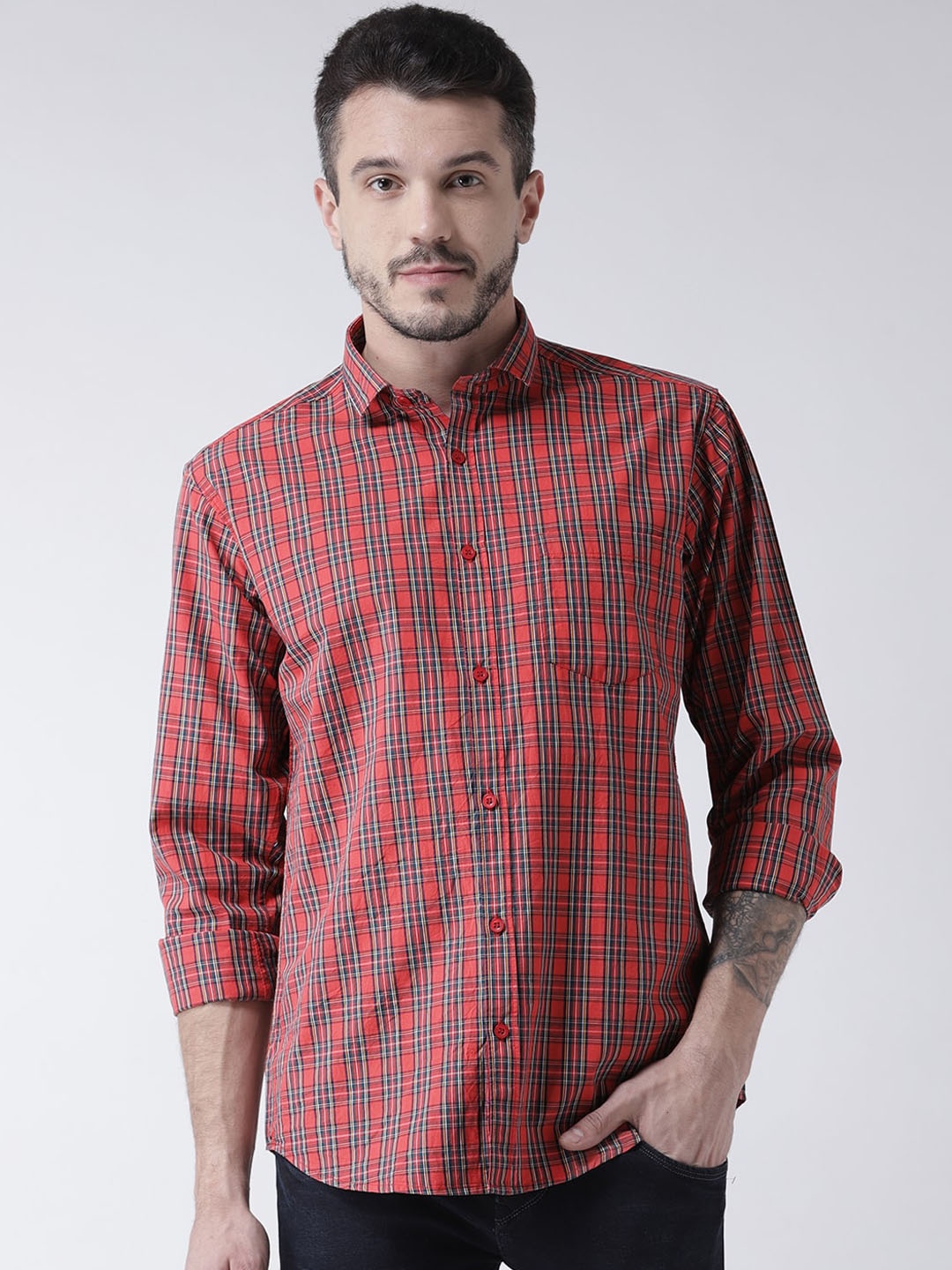 Routeen Men Red Modern Slim Fit Checked Casual Shirt
