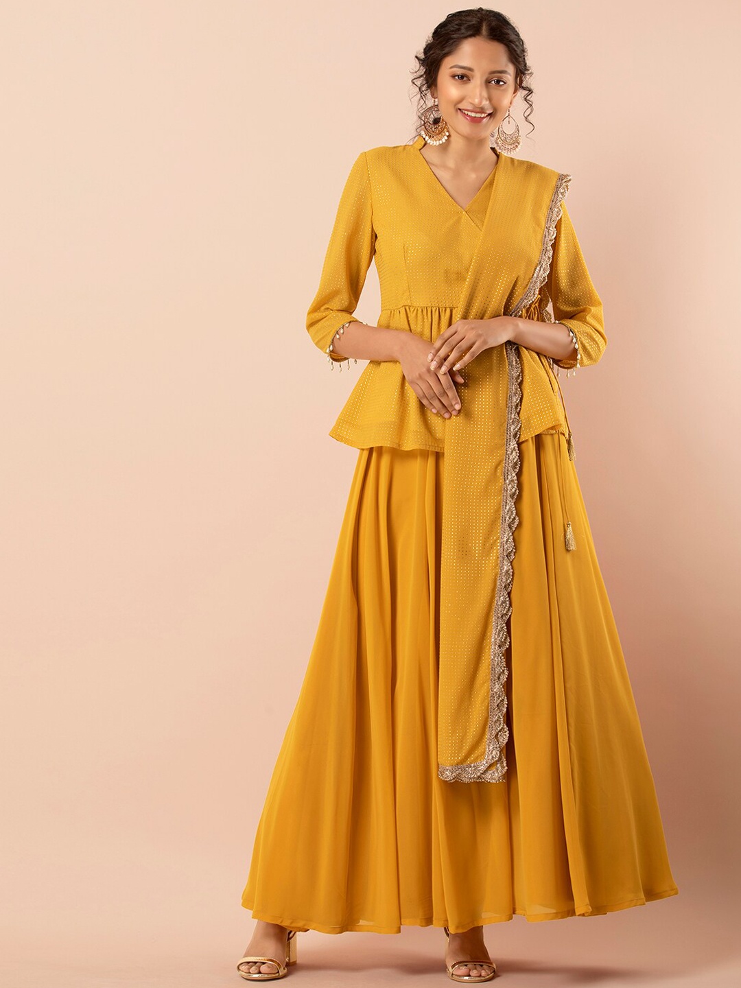INDYA Yellow Mukaish Zari Lace Dupatta