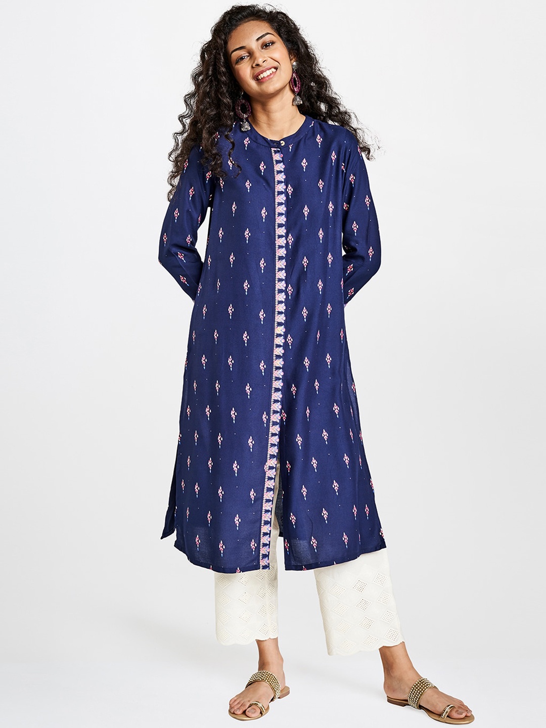 Global Desi Women Navy Blue & Pink Printed A-Line Kurta