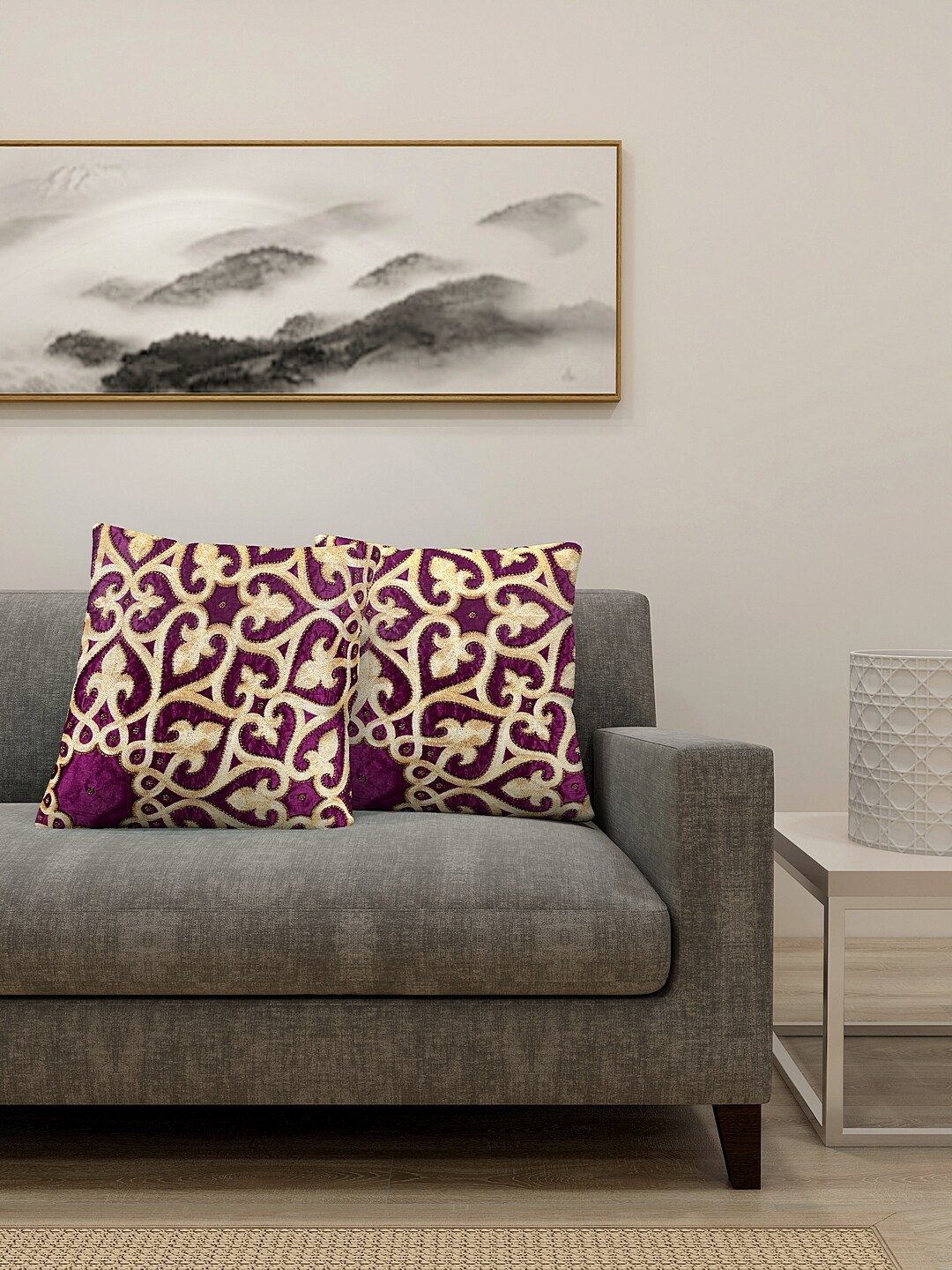 KLOTTHE Set Of 2 Purple & Gold-Coloured Embroidered Square Cushions