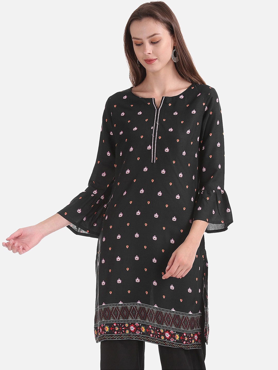 Karigari Women Black & Pink Printed Straight Kurta