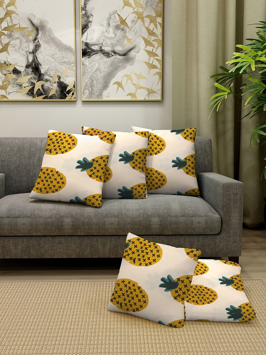 KLOTTHE Set Of 5 Off-White & Yellow Printed Square Cushions