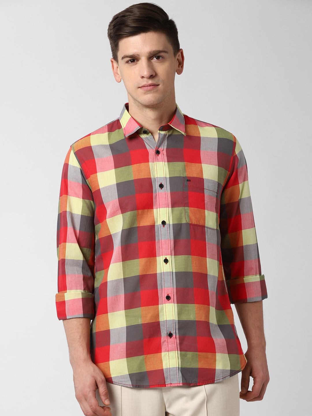 Peter England Casuals Men Red & Yellow Slim Fit Checked Casual Shirt