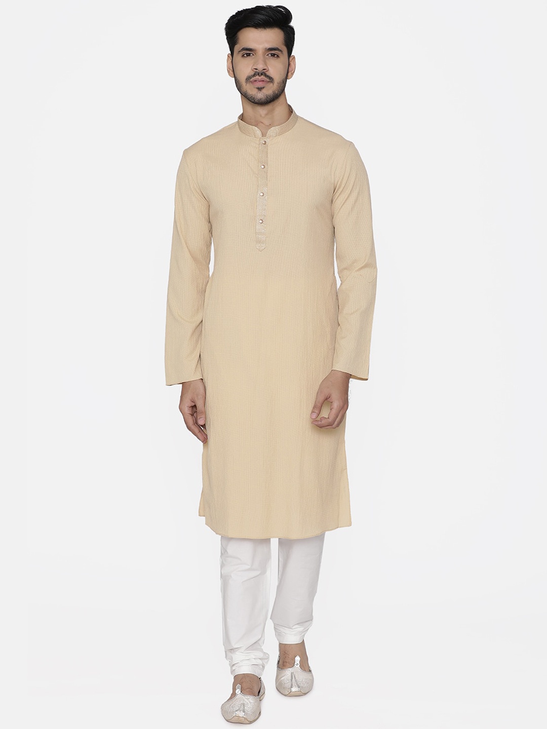 Manyavar Men Beige & White Solid Kurta with Pyjamas