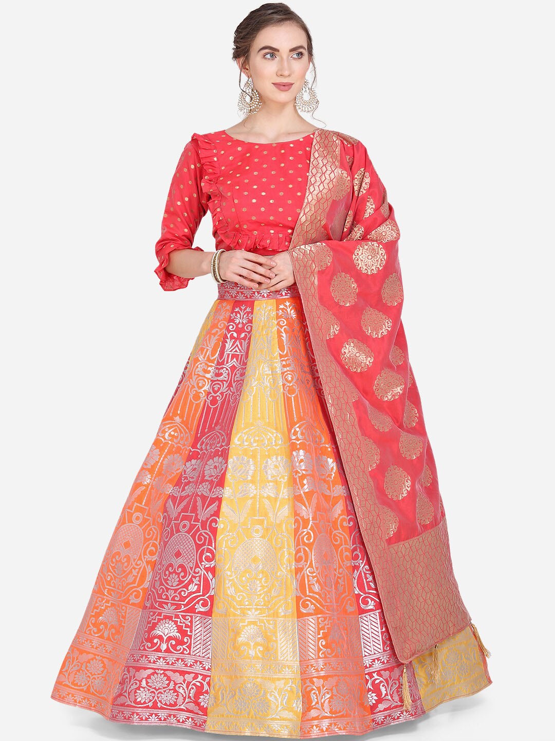 PURVAJA Coral Pink & Yellow Printed Semi-Stitched Lehenga & Unstitched Blouse with Dupatta
PURVAJA Coral Pink & Yellow Printed Semi-Stitched Lehenga & Unstitched Blouse with Dupatta