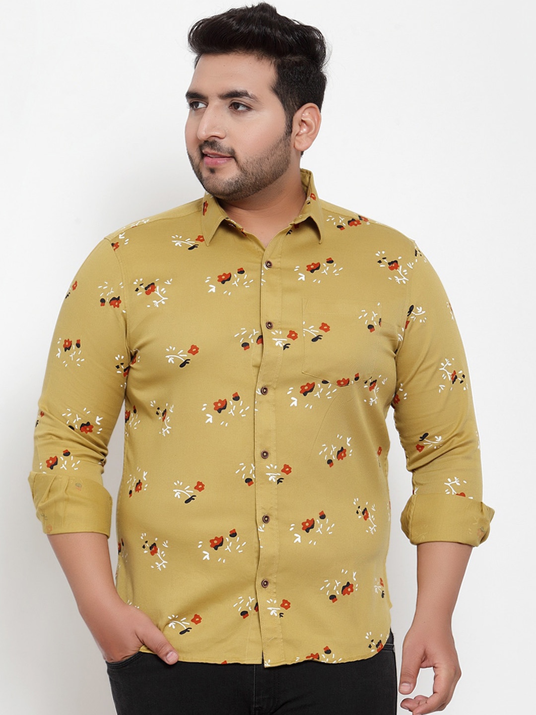 plusS Men Mustard Yellow Regular Fit Printed Casual Shirt