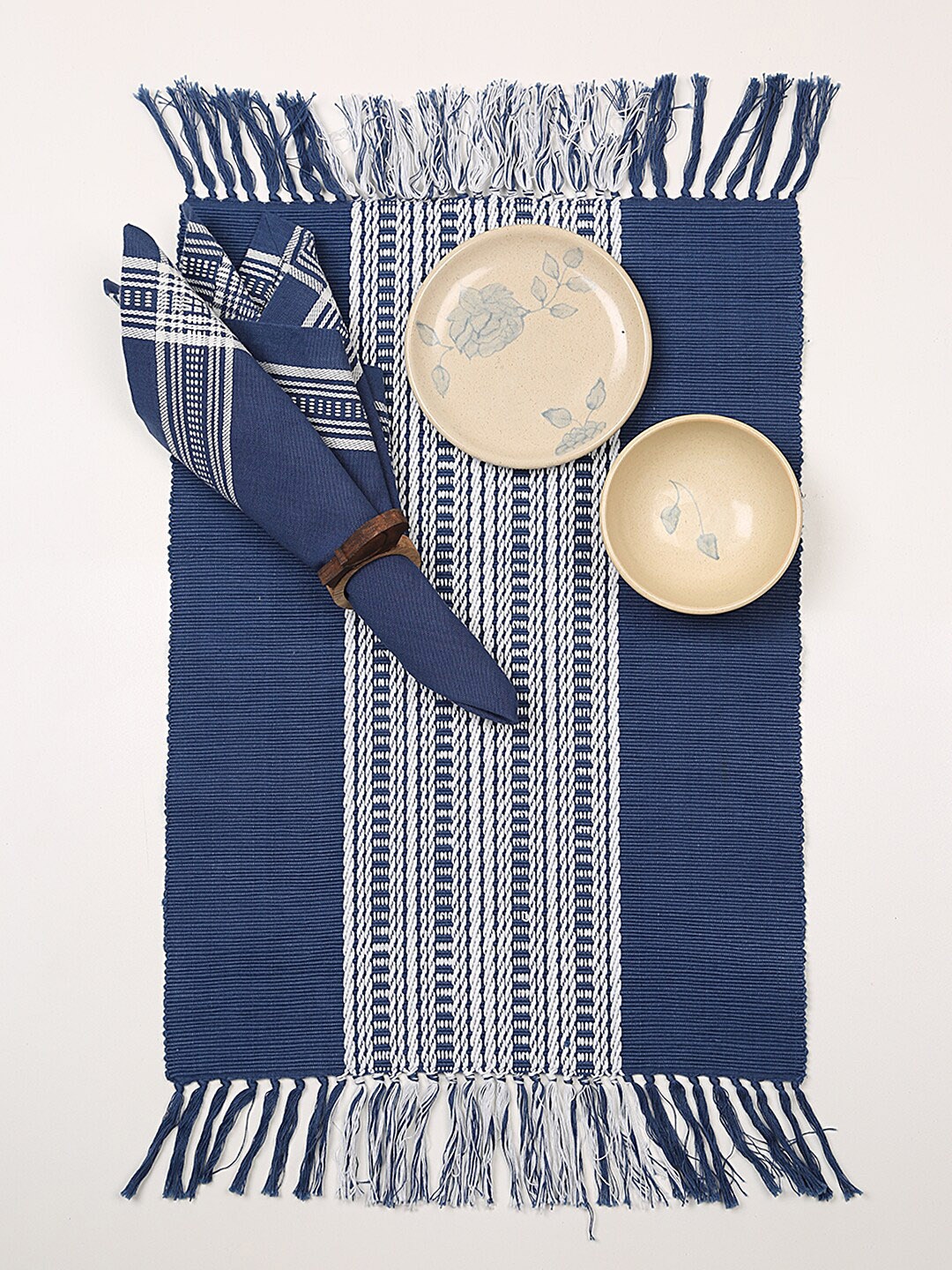 ellementry Navy Blue & White Set Of 6 Patterned Table Placemats