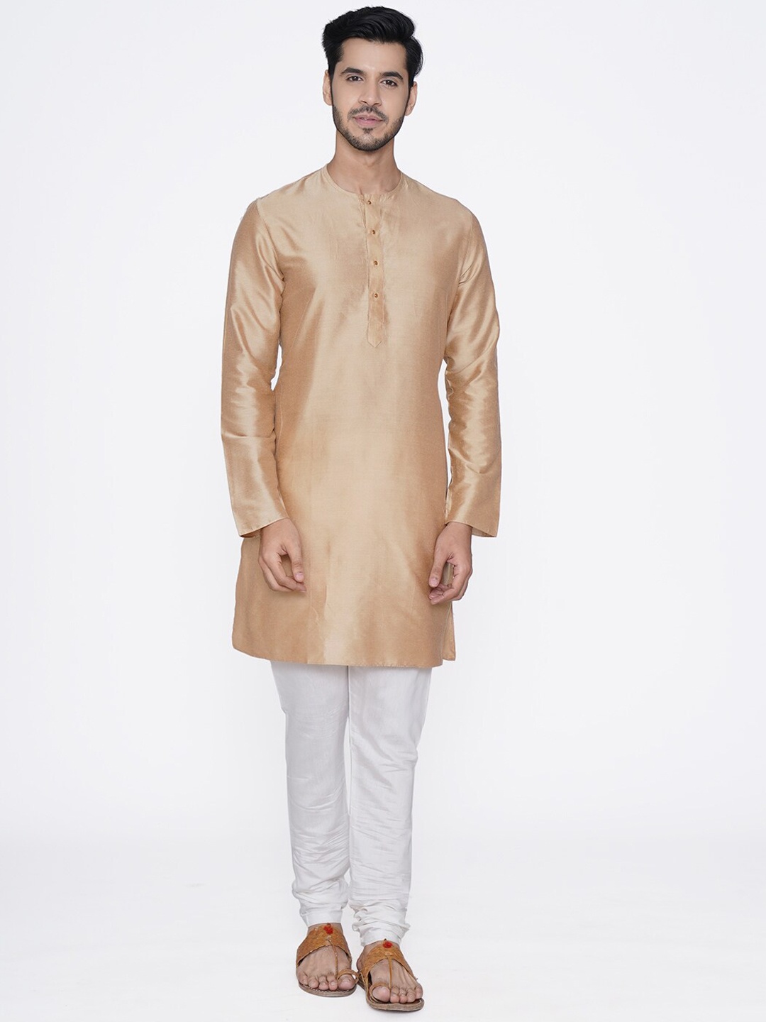 Manyavar Men Cream-Coloured Solid Straight Kurta