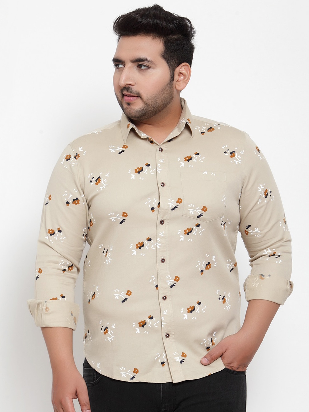 plusS Men Beige & Orange Regular Fit Printed Casual Shirt
