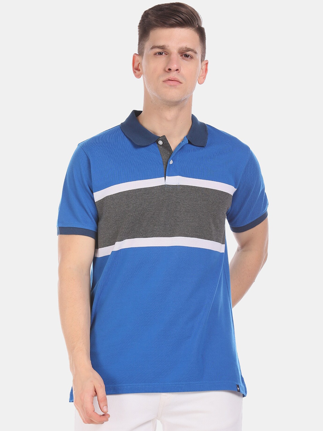 Ruggers Men Blue & Charcoal Grey Colourblocked Polo Collar T-shirt