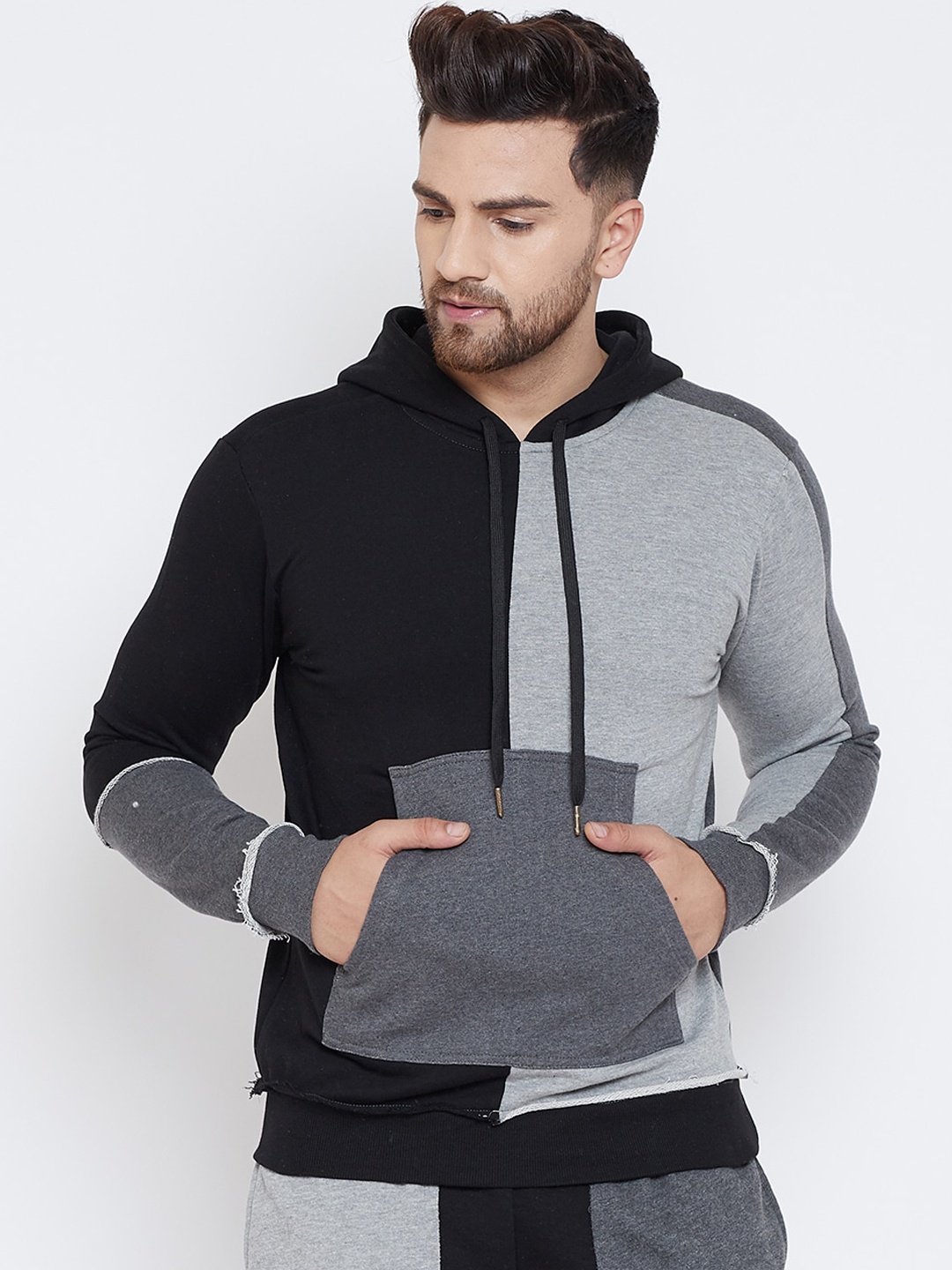 FUGAZEE Men Black & Grey Colourblocked Hooded Sweatshirt