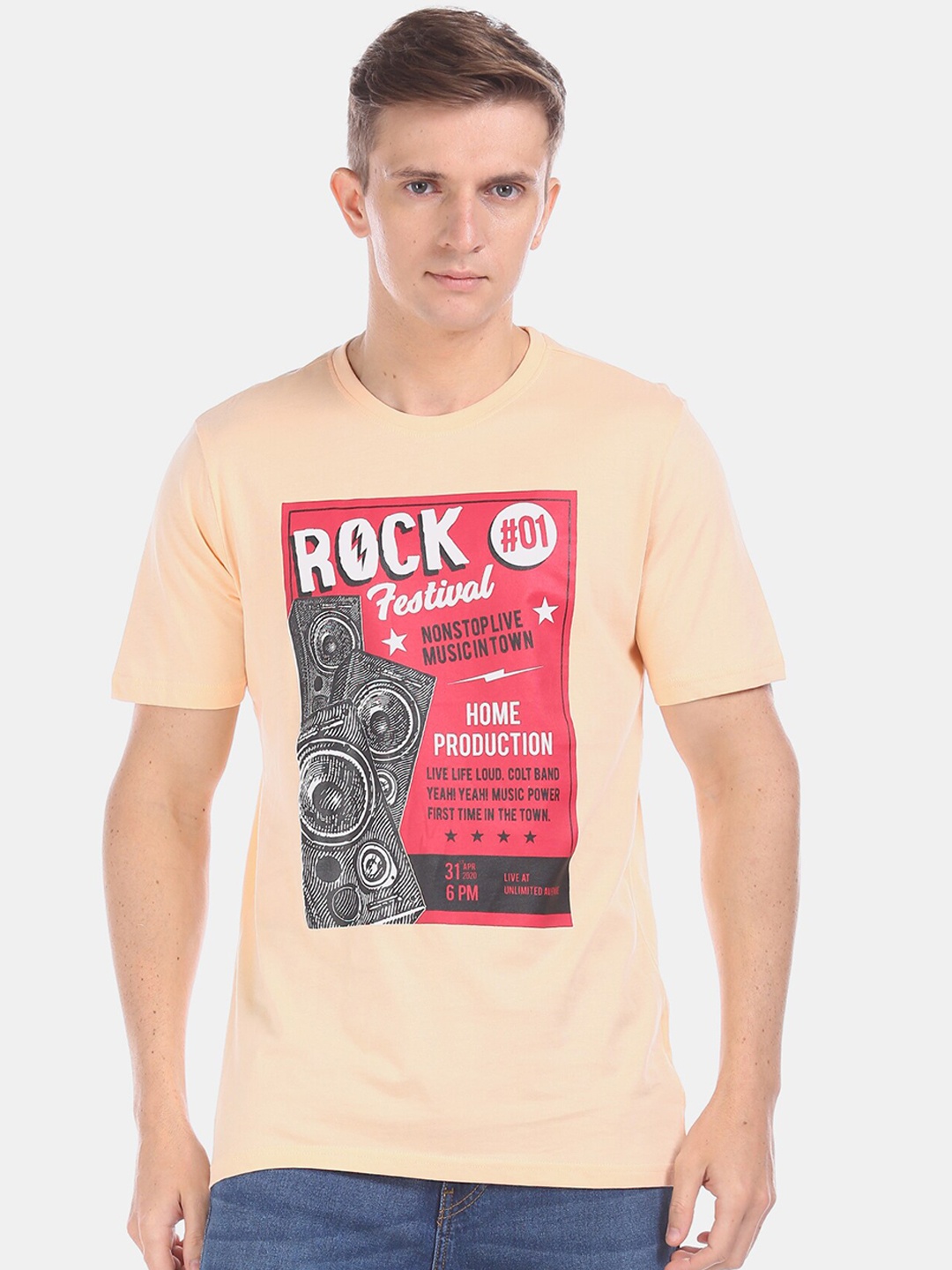 Colt Men Peach-Coloured Printed Round Neck Pure Cotton T-shirt
