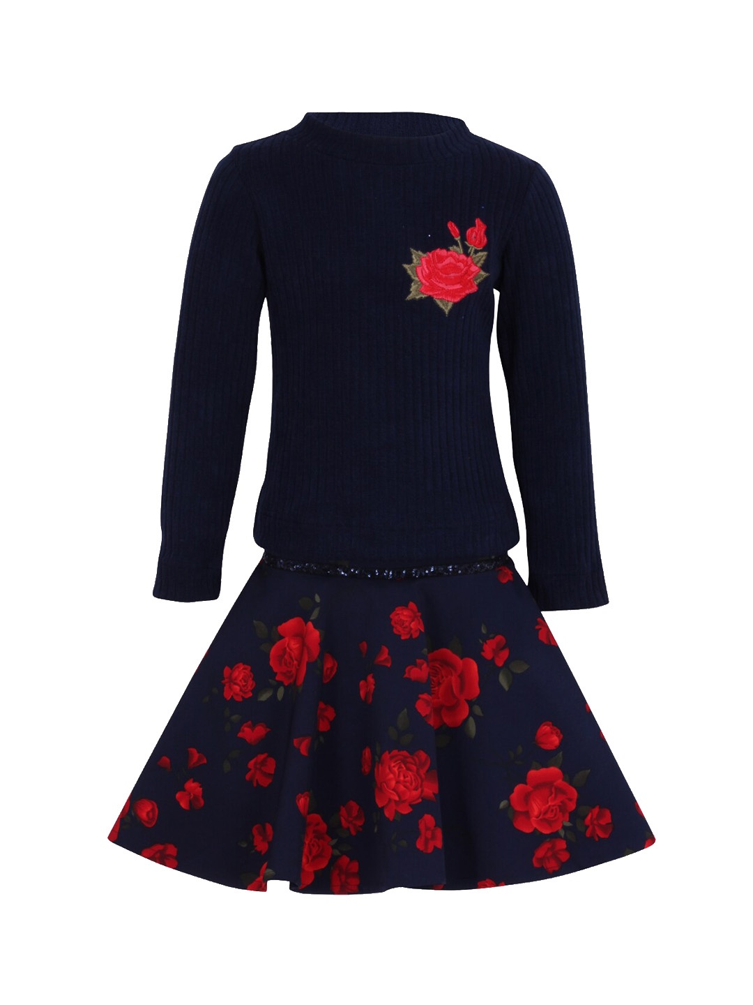 CUTECUMBER Girls Navy Blue & Red Self Design Top with Skirt