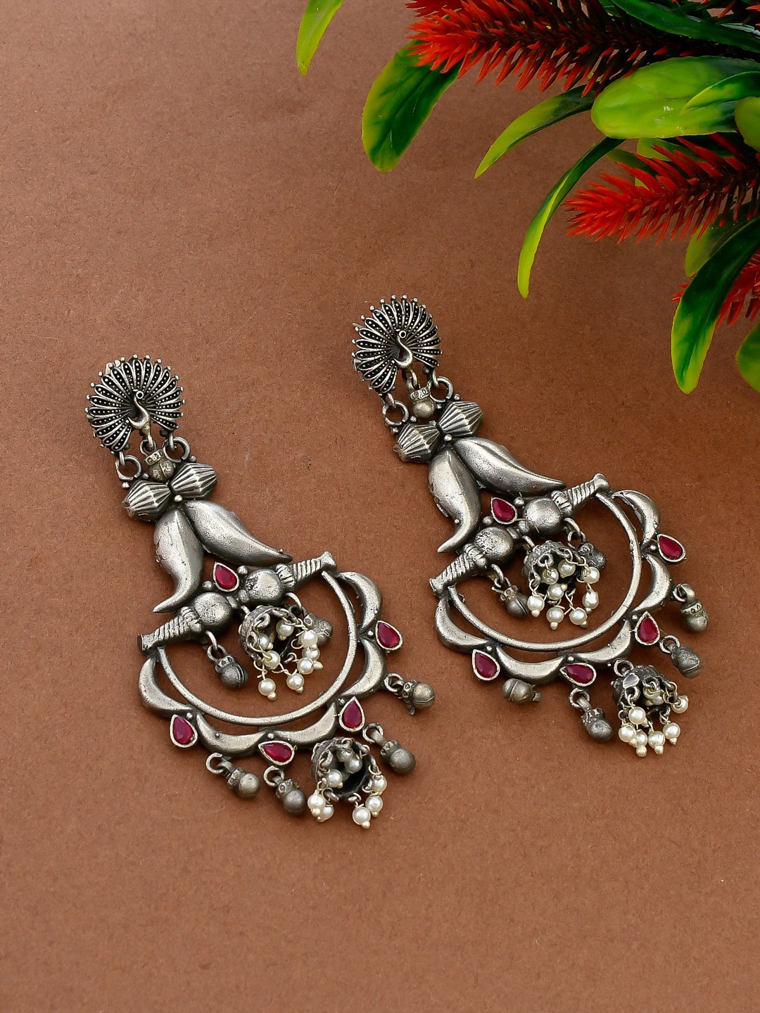 Silvermerc Designs Silver-Plated & Pink Oxidised Enamelled Peacock Shaped Drop Earrings
