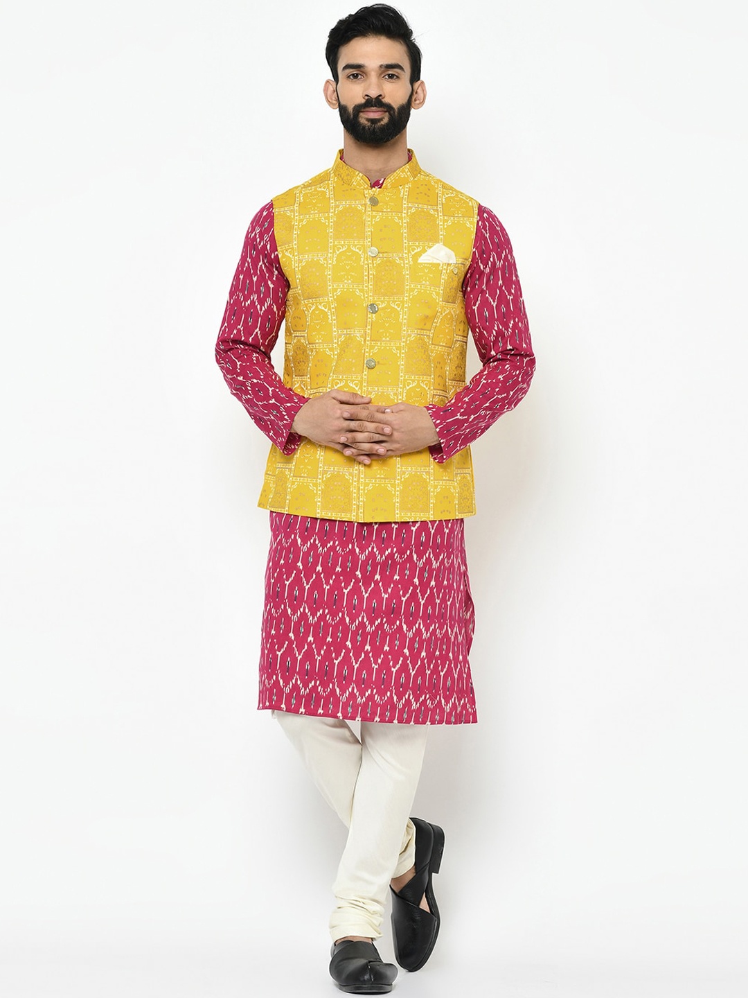 KISAH Men Yellow & Gold-Toned Self Design Kurta with Pyjamas