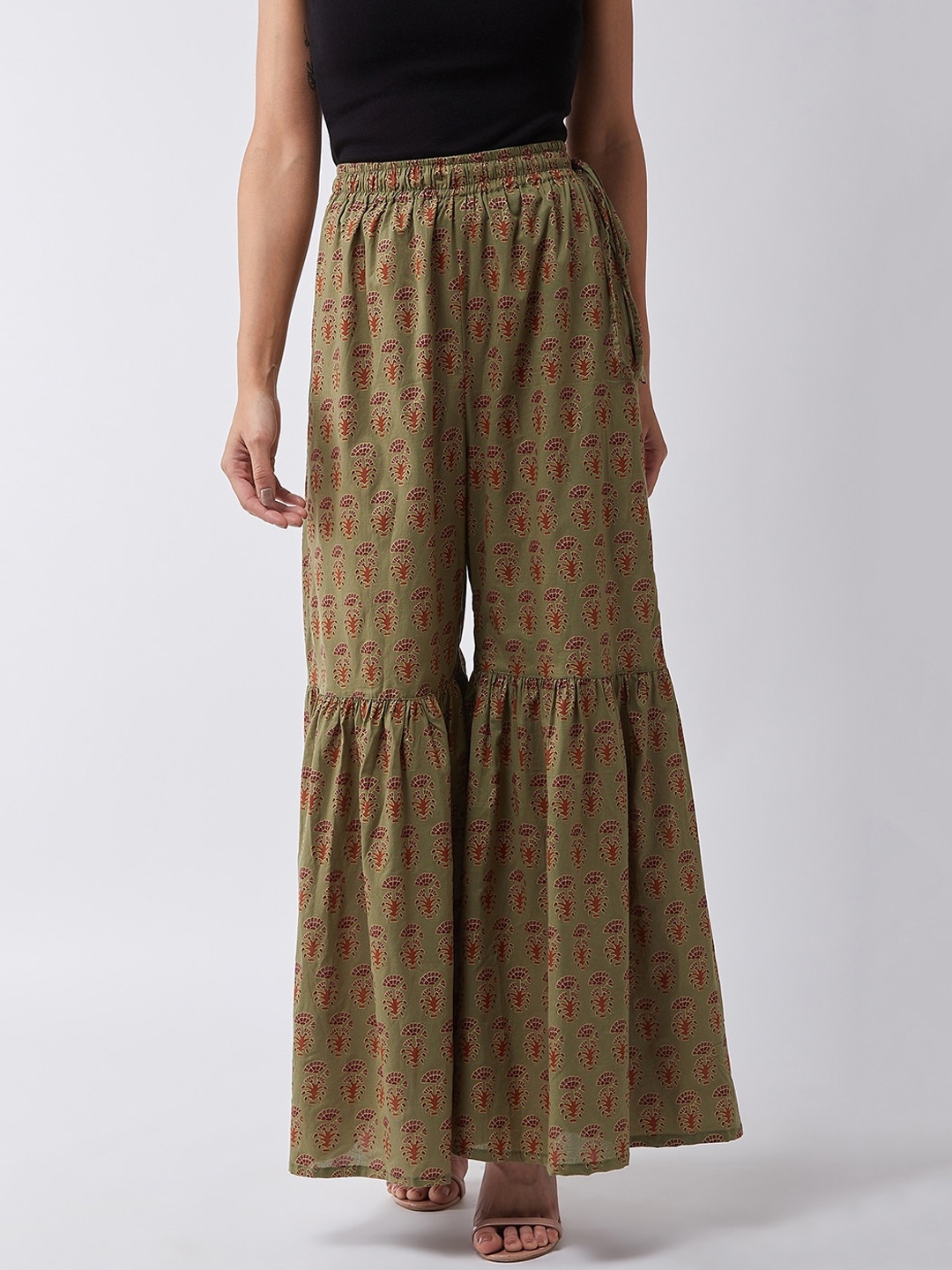 InWeave Women Green & Red Printed Flared Sharara