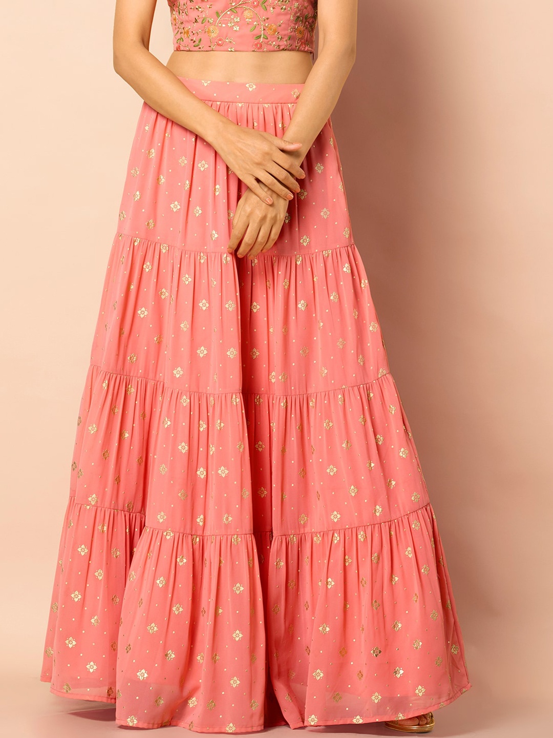 INDYA Women Peach Woven Design Flared Skirt