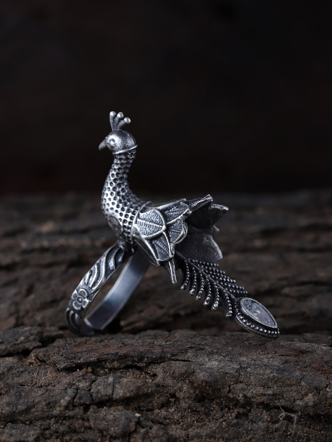 Fabstreet Oxidized Silver-Plated Kundan-Studded Handcrafted Peacock-Shaped Adjustable Finger Ring
Fabstreet Oxidized Silver-Plated Kundan-Studded Handcrafted Peacock-Shaped Adjustable Finger Ring
