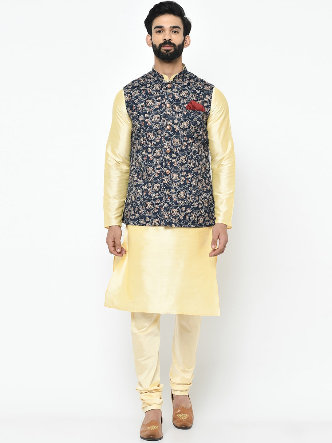 KISAH Men Navy Blue & Cream-Coloured Solid Kurta with Pyjamas