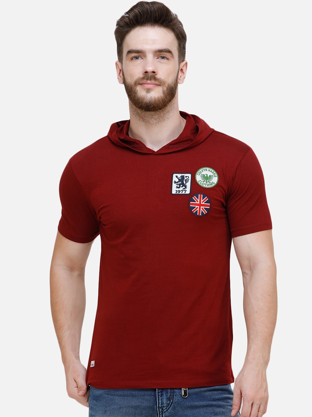 COLVYNHARRIS JEANS Men Red Solid Hood T-shirt
