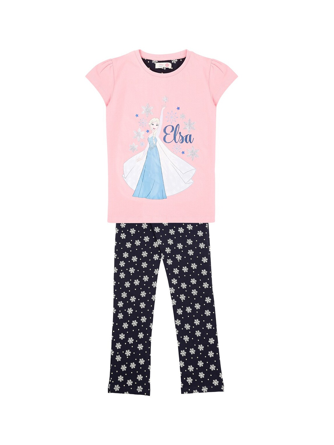 Pantaloons Junior Girls Pink & Navy Blue Elsa Printed Night suit