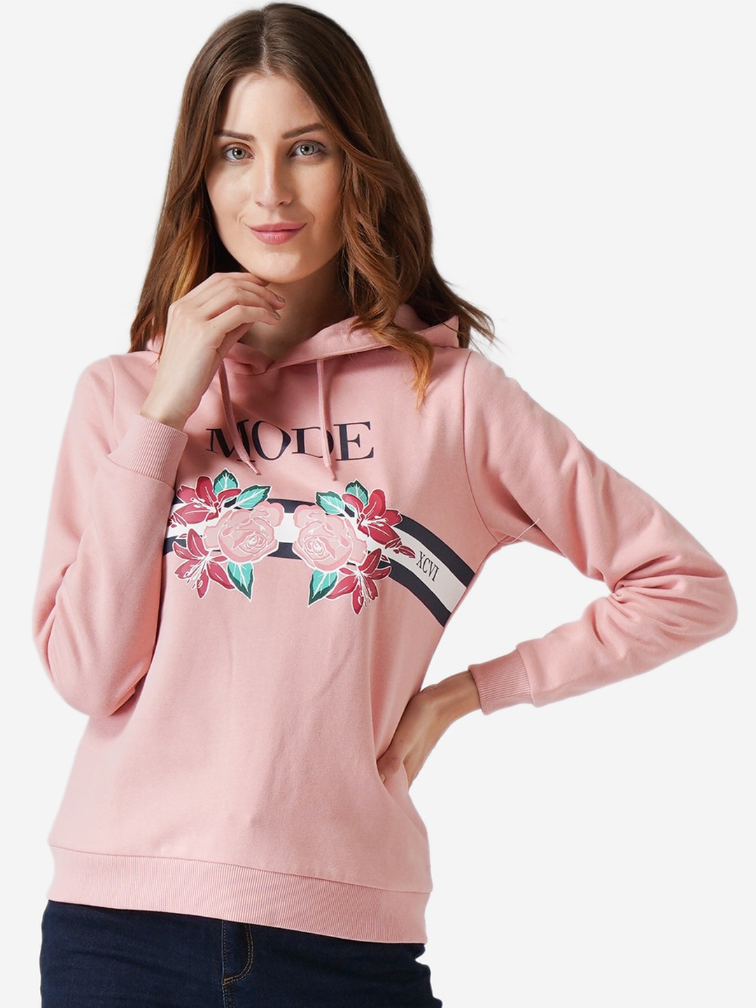 Mode by Red Tape Women Pink Printed Hooded Sweatshirt