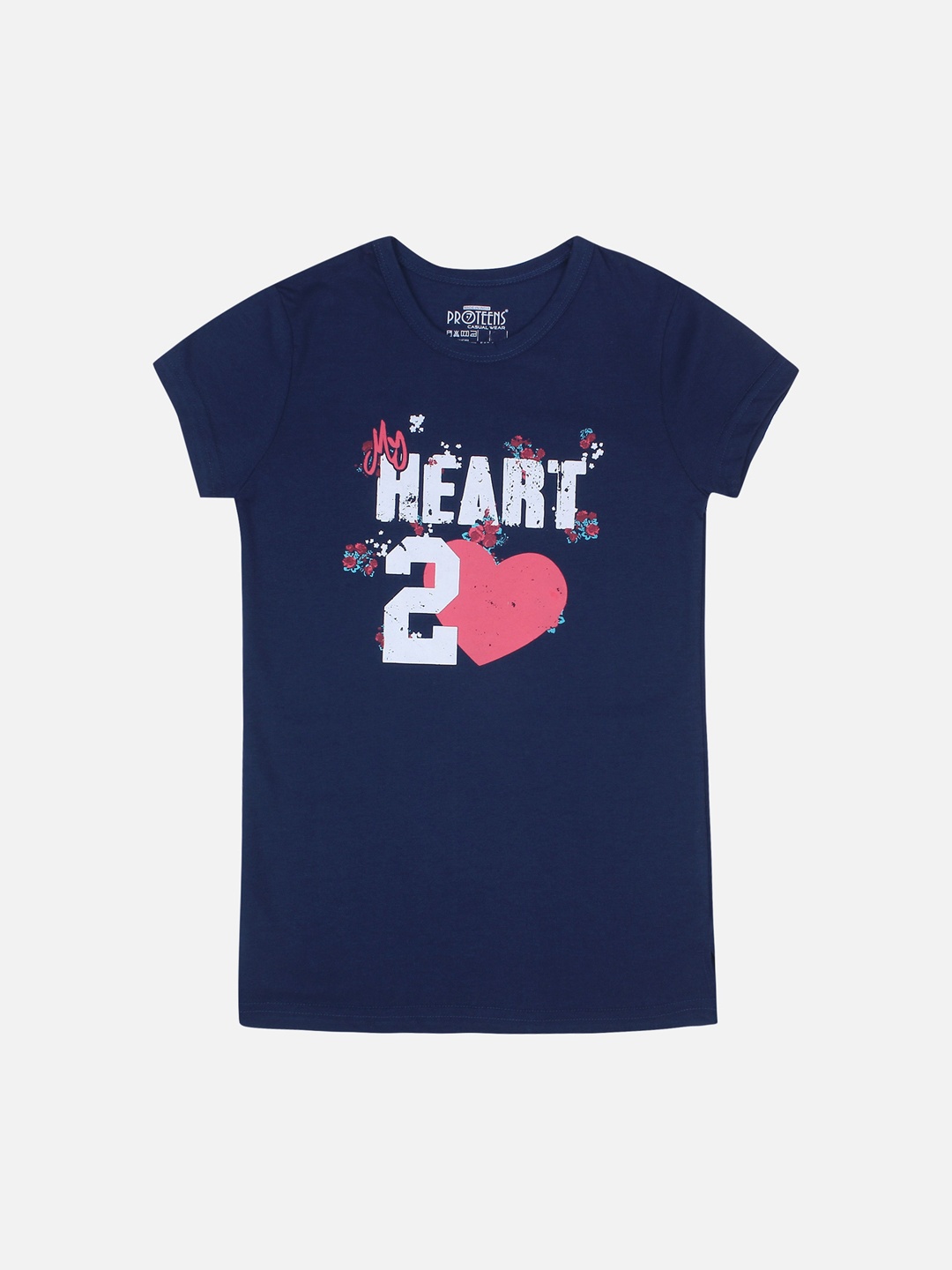 PROTEENS Girls Navy Blue & White Printed Round Neck T-shirt