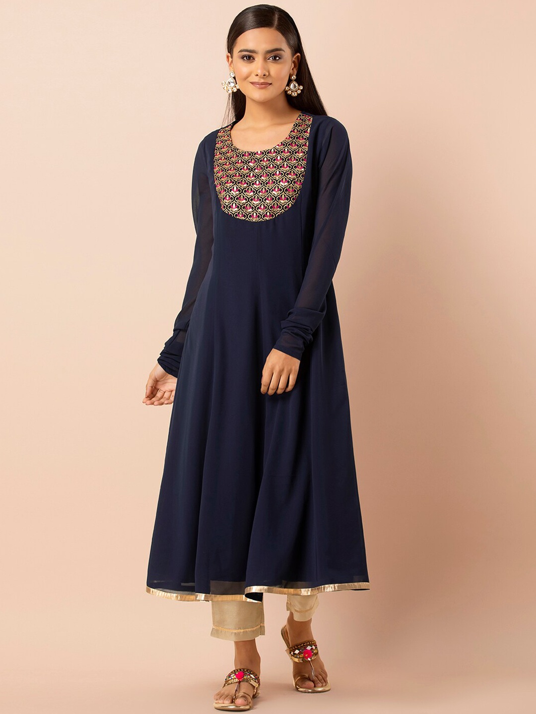 INDYA Navy Embroidered Yoke Kalidar Tunic, Navy blue