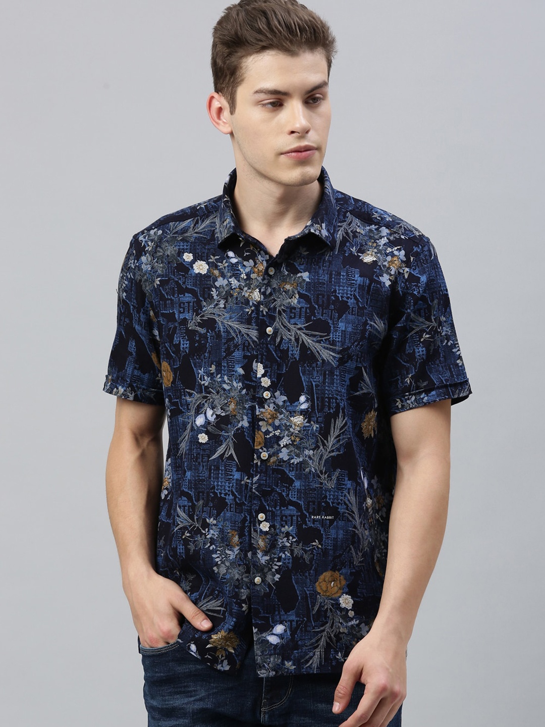 RARE RABBIT Men Navy Blue & Grey Tailored Fit Printed Casual Shirt