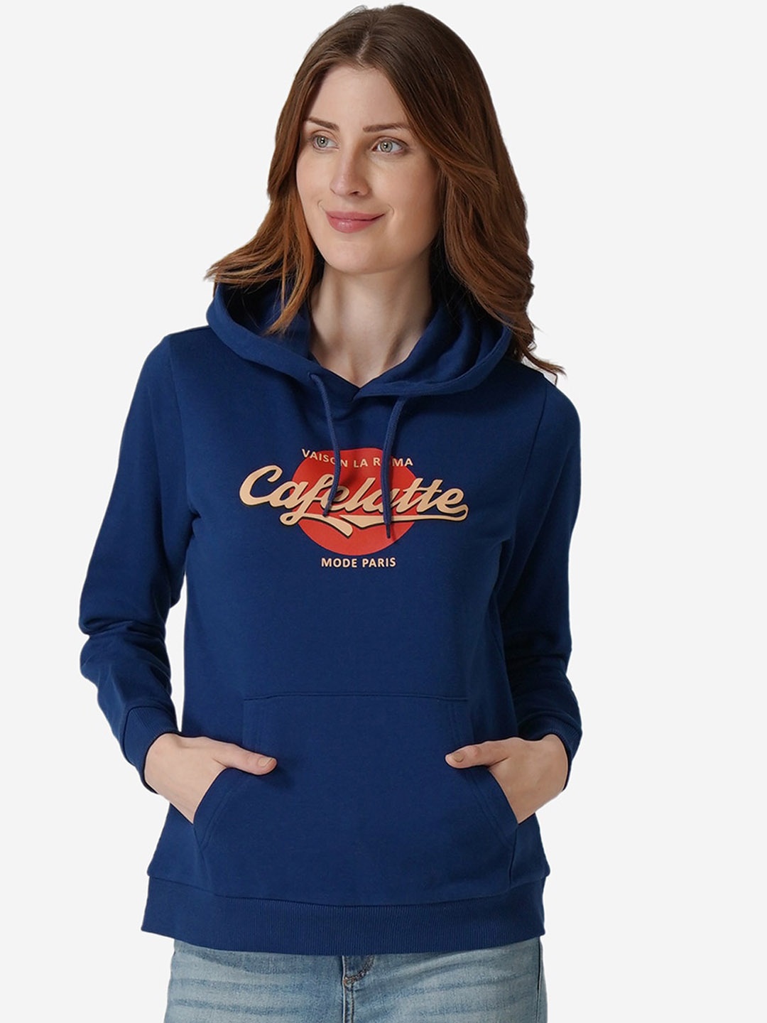 Mode by Red Tape Women Blue Printed Hooded Sweatshirt