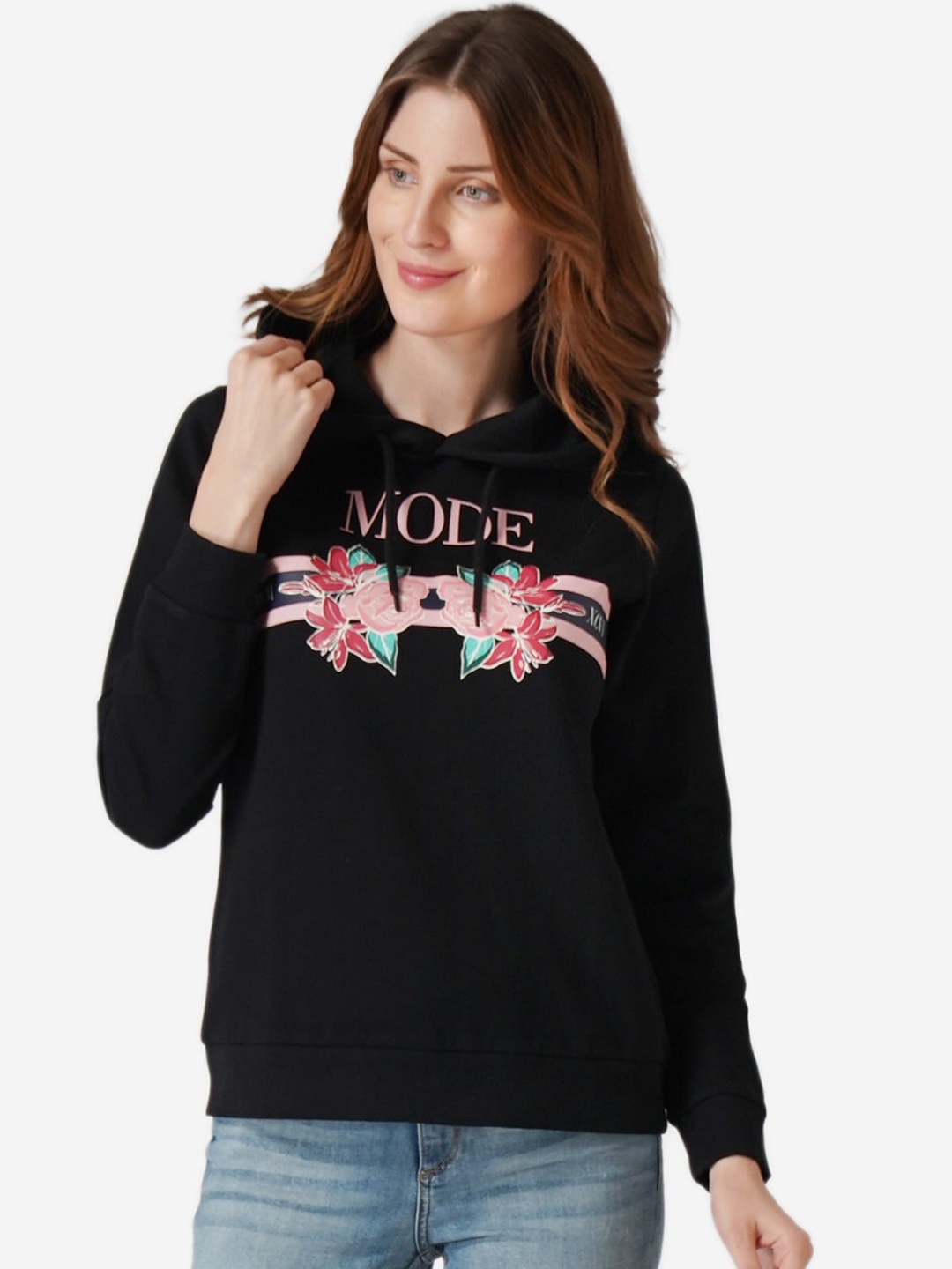 Mode by Red Tape Women Black Printed Hooded Sweatshirt