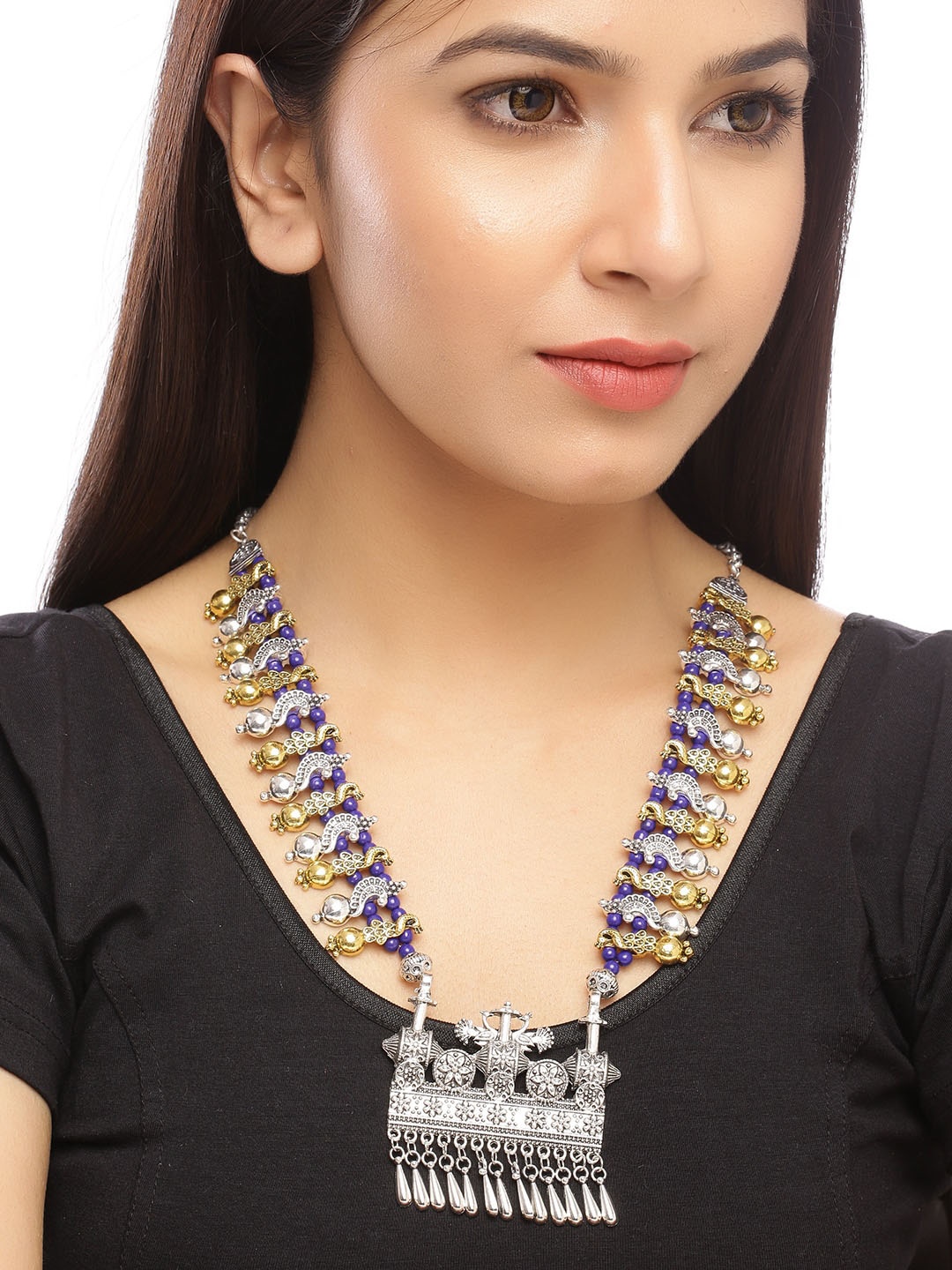 Traditional Silver-Plated & Gold Tone Blue Thread Statement Necklace For Girls & Women
Traditional Silver-Plated & Gold Tone Blue Thread Statement Necklace For Girls & Women