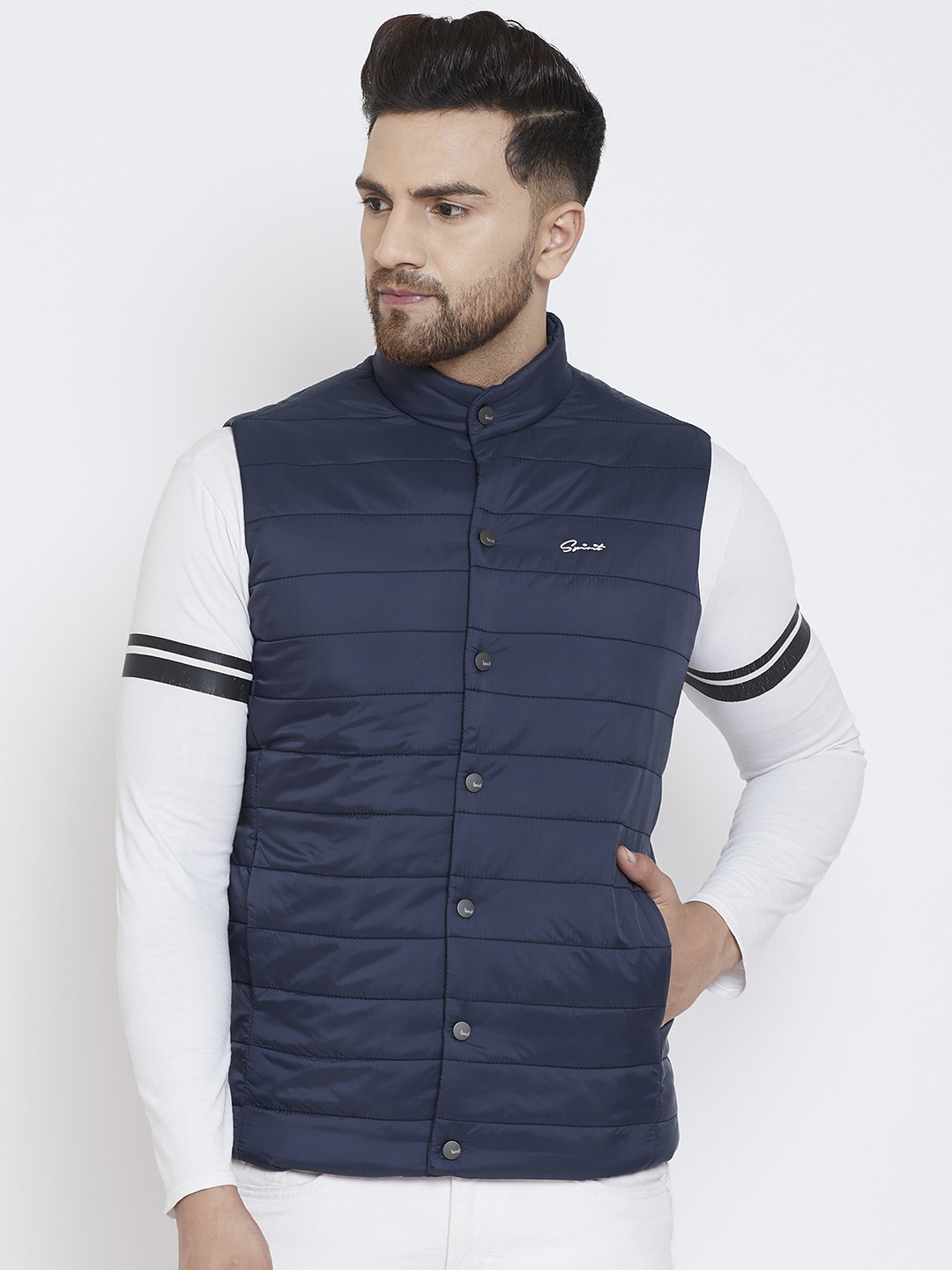 Spirit Men Navy Blue Solid Windcheater Padded Jacket