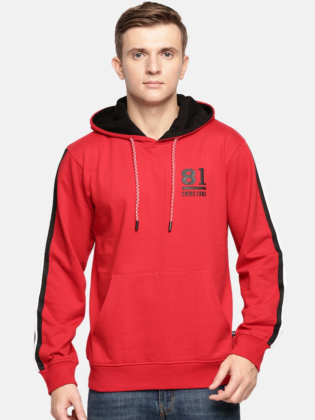 Chennis Men Red Solid Hooded Sweatshirt