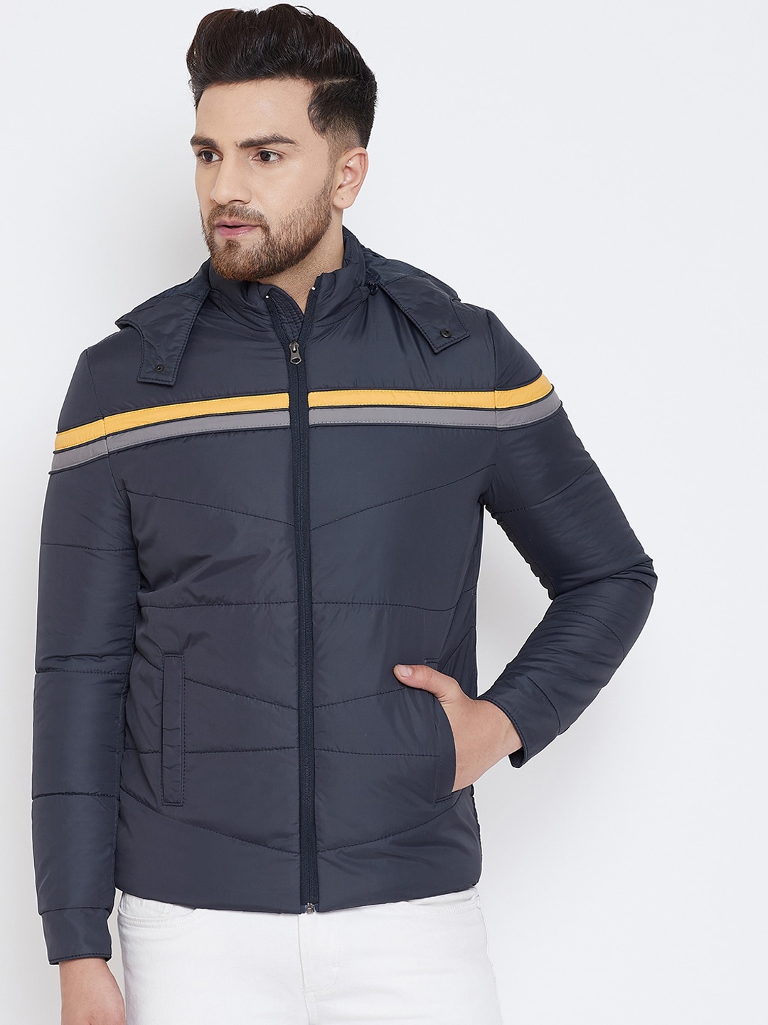 Spirit Men Navy Blue Striped Windcheater Padded Jacket