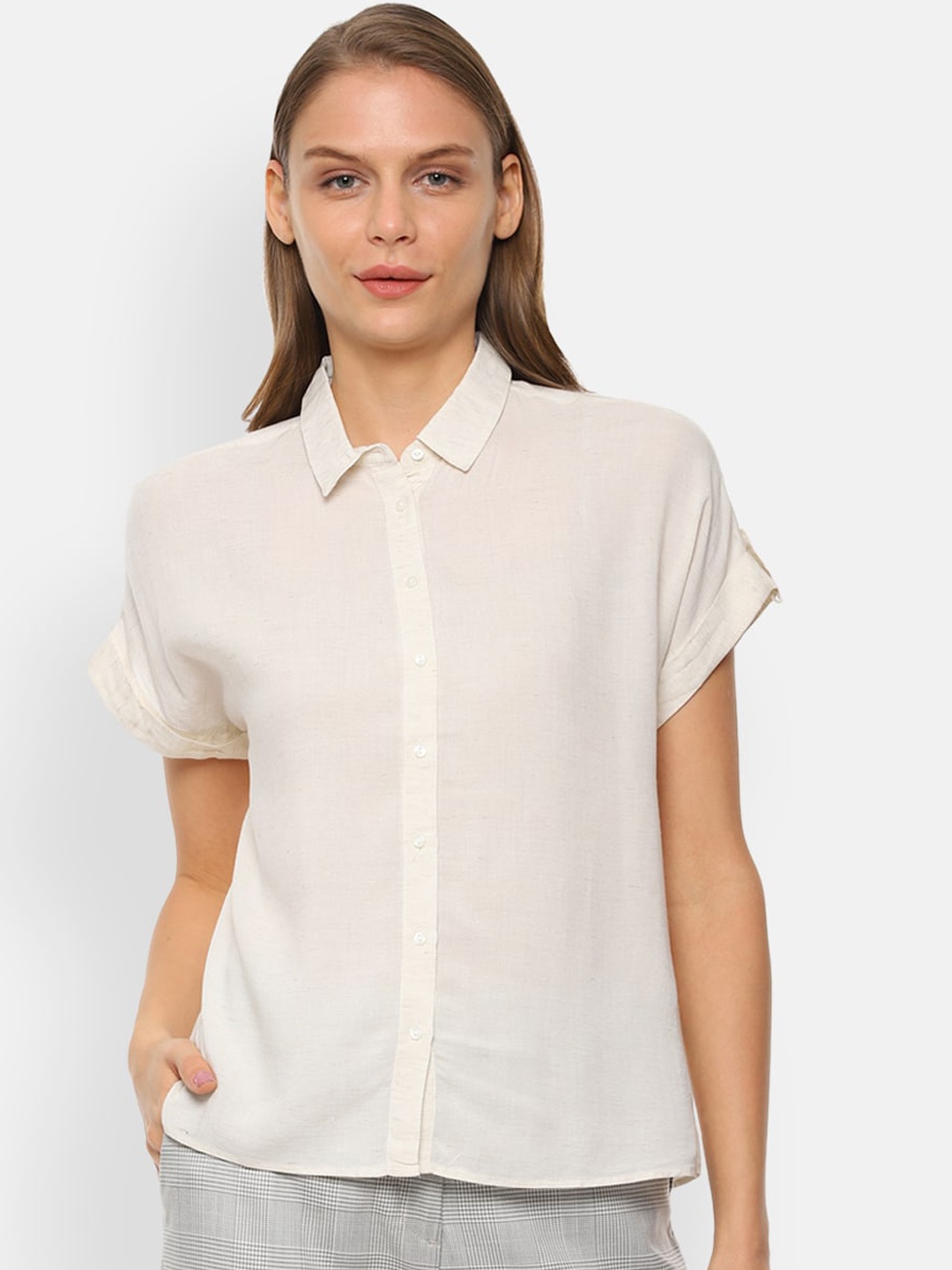 Van Heusen Woman Women Off-White Regular Fit Solid Casual Shirt