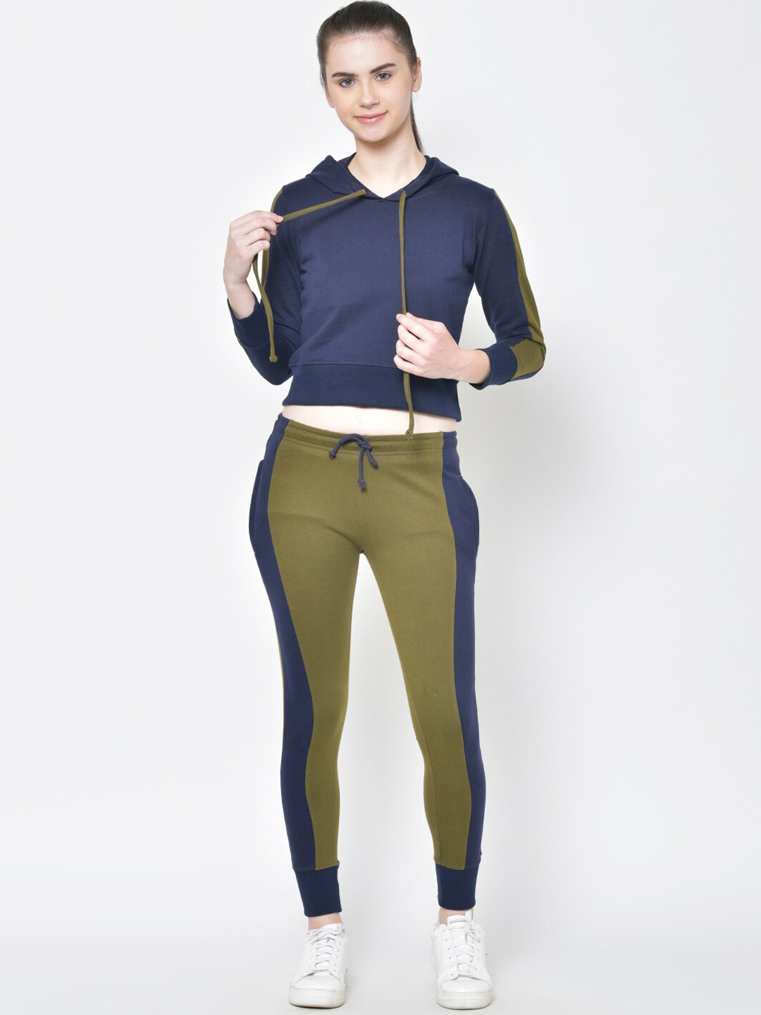 American-Elm Women Olive Green & Navy Blue Solid Slim Fit Hooded Track Suit