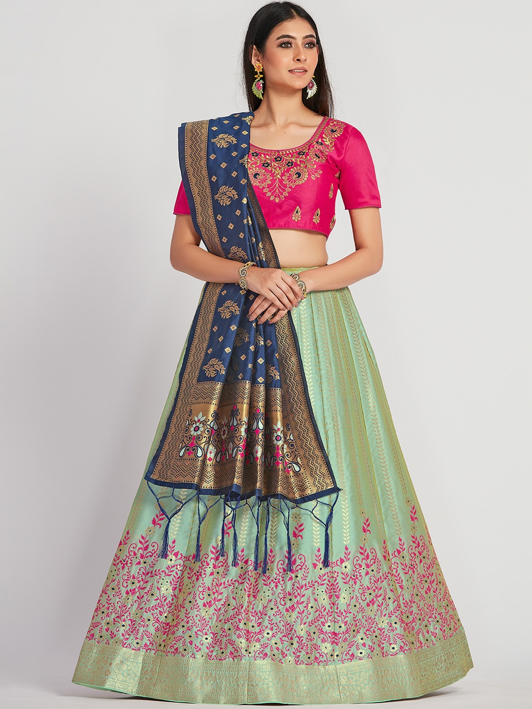 MIMOSA Green & Pink Semi-Stitched Lehenga & Blouse with Dupatta