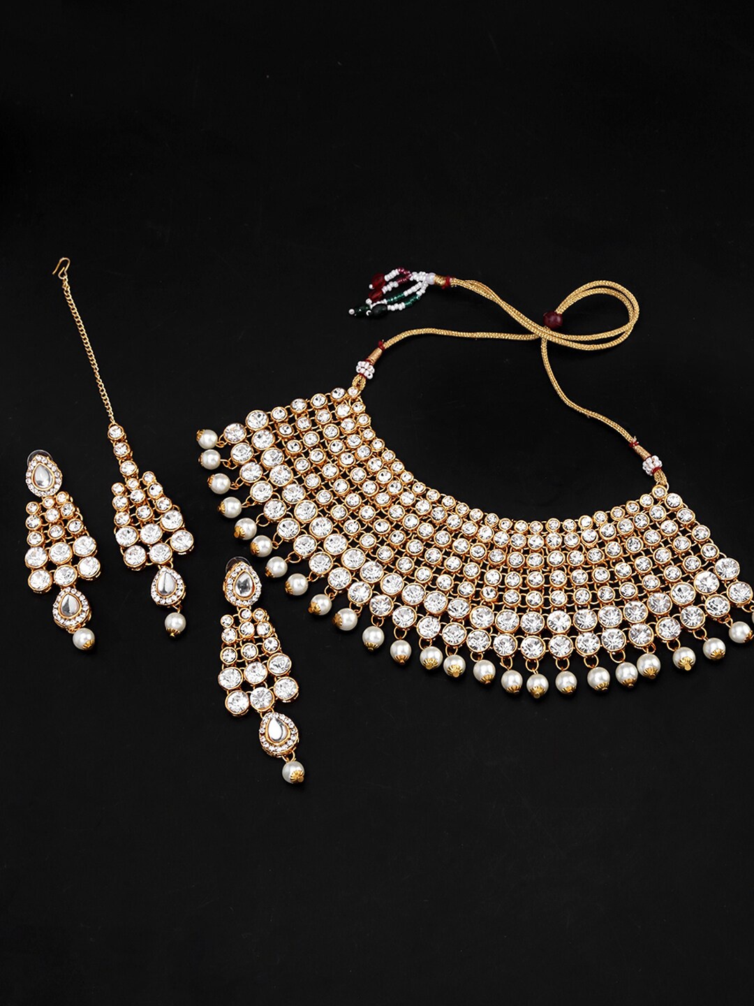 Yellow Chimes Gold-Plated White Crystals-Studded Pearl Embellished Handcrafted Jewellery Set