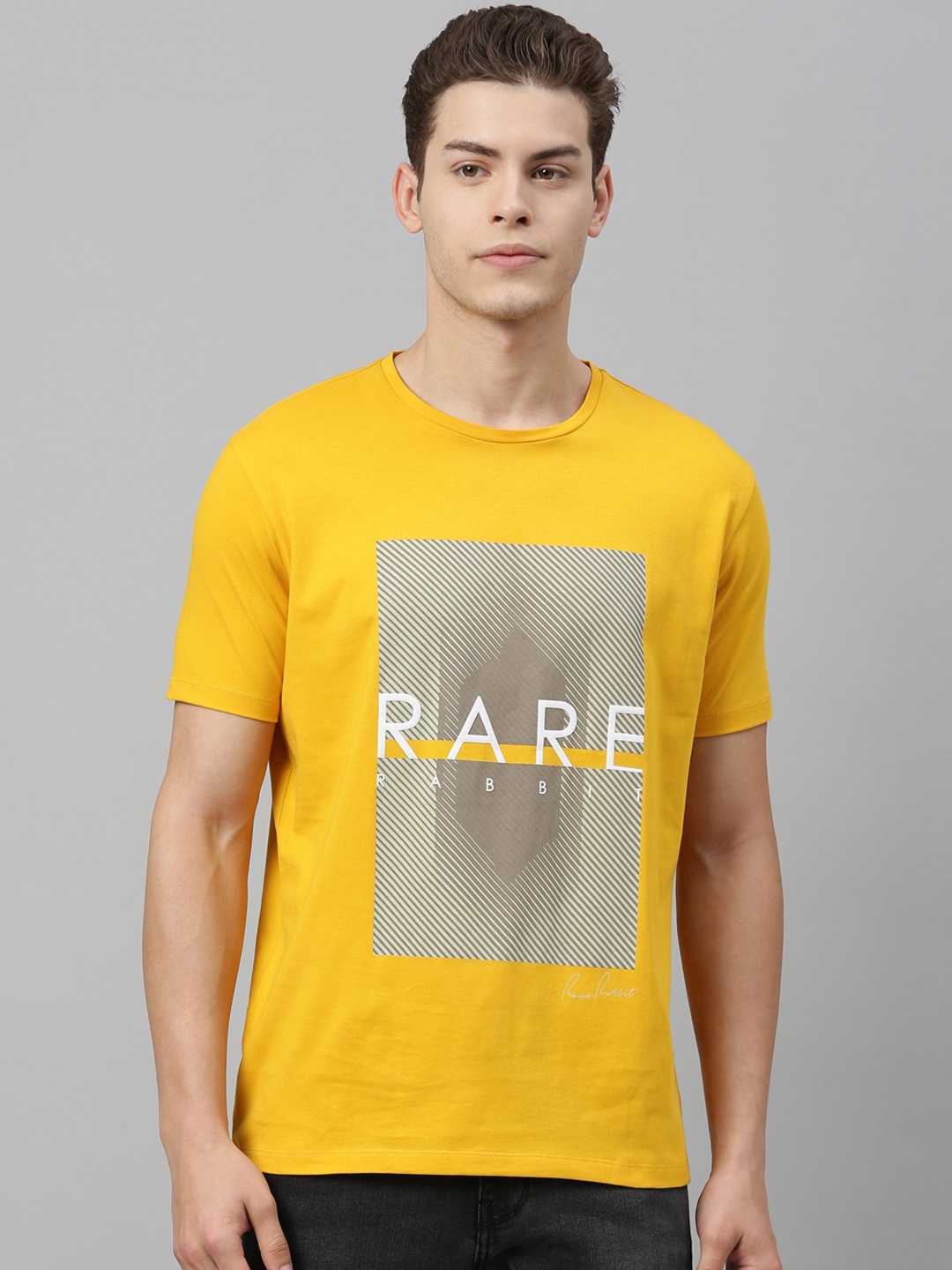 RARE RABBIT Men Yellow Printed Round Neck T-shirt