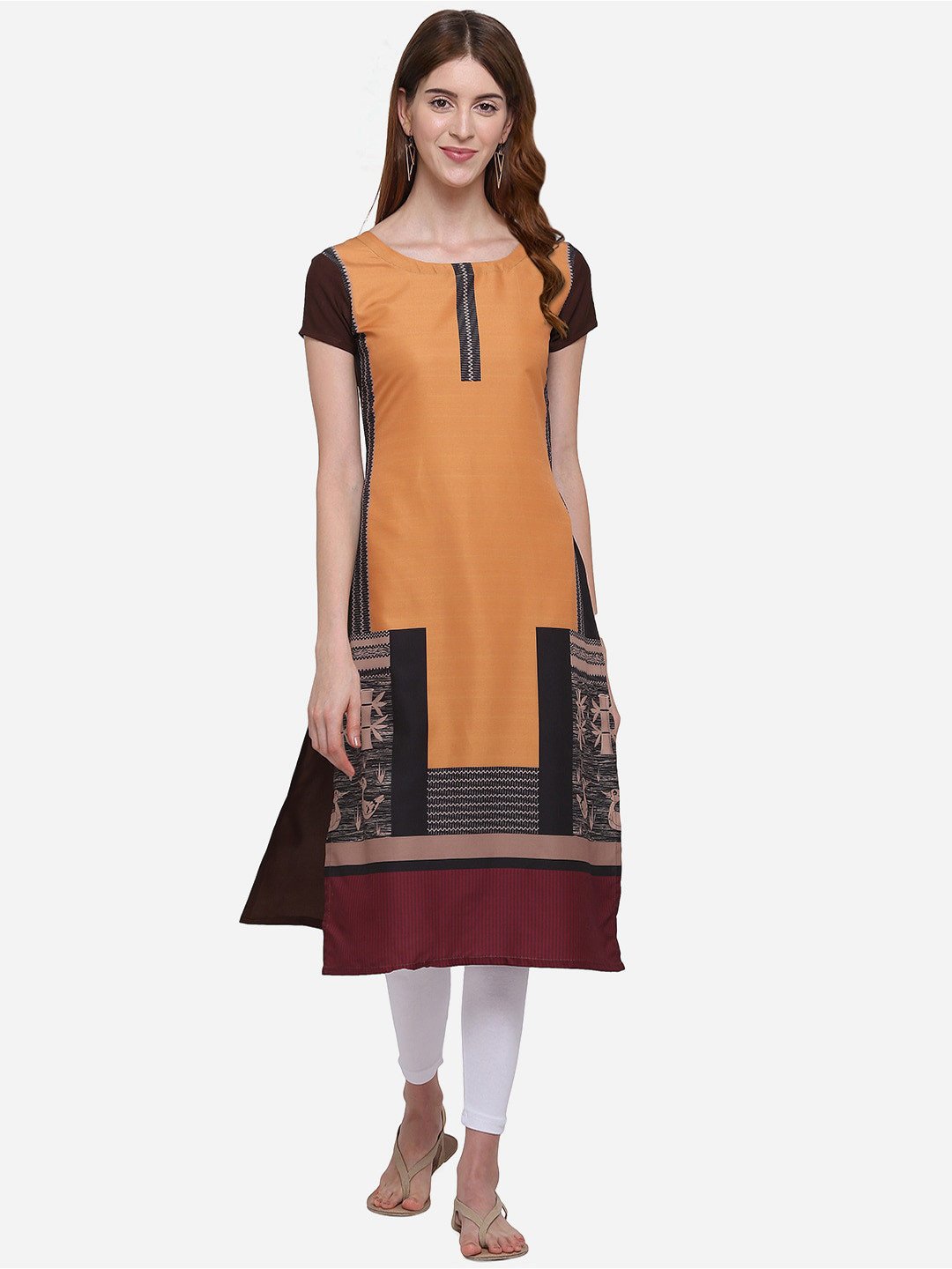 Kvsfab Women Orange & Brown Colourblocked Straight Kurta
Kvsfab Women Orange & Brown Colourblocked Straight Kurta