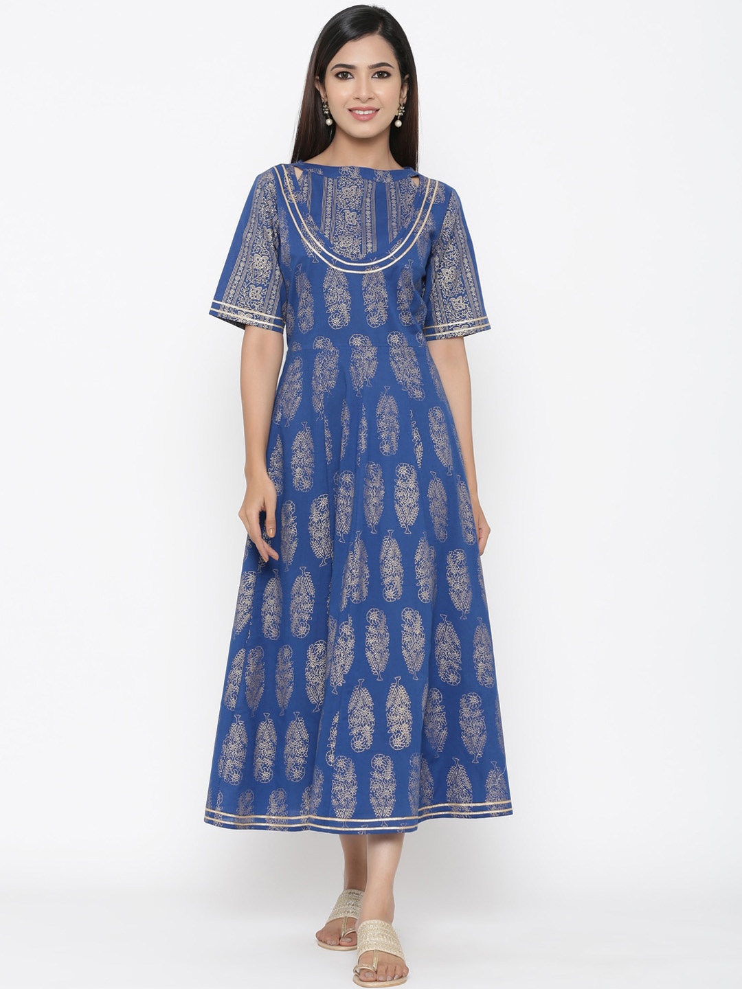Maaesa Women Blue Printed A-Line Dress